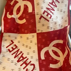 CHANEL Red and Cream Logo Checker Scarf